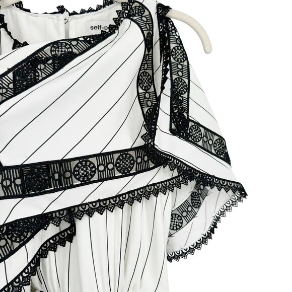 SELF-PORTRAIT Monochrome Striped Crepe Handkerchief Mini Dress White Lace US 6 - Picture 11 of 11